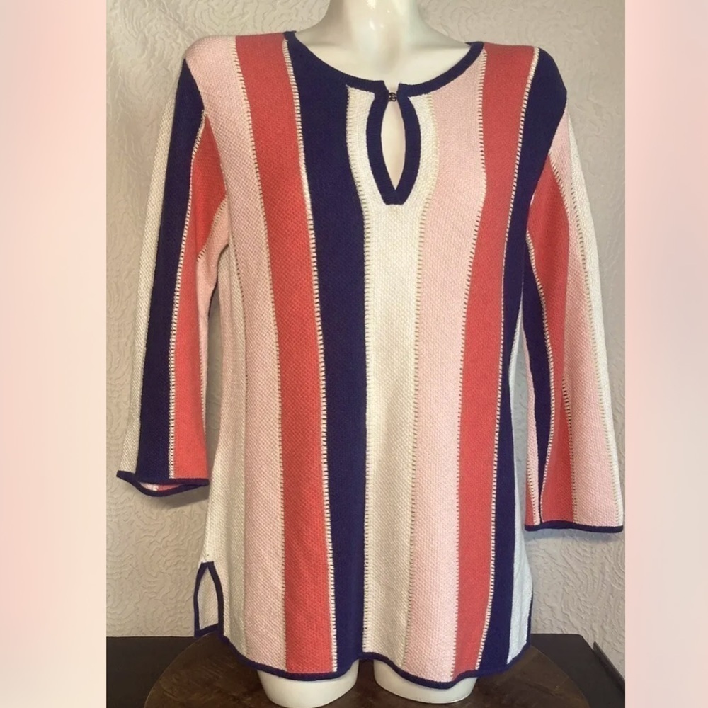 TOMMY Bahama Pink & Navy Striped Stripes Open Weave Keyhole Tunic Sweater Medium